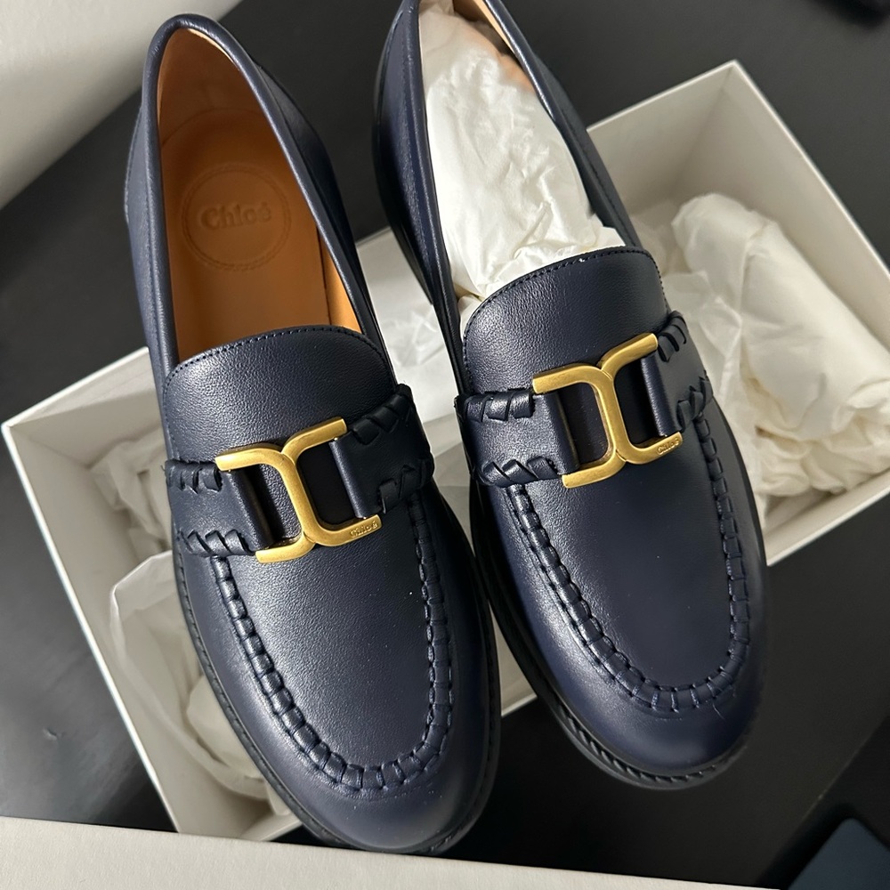 NEW NWB CHLOE MARCIE ROUND TOE LOAFER FLATS DARK NAVY 38 US8 MSRP $875